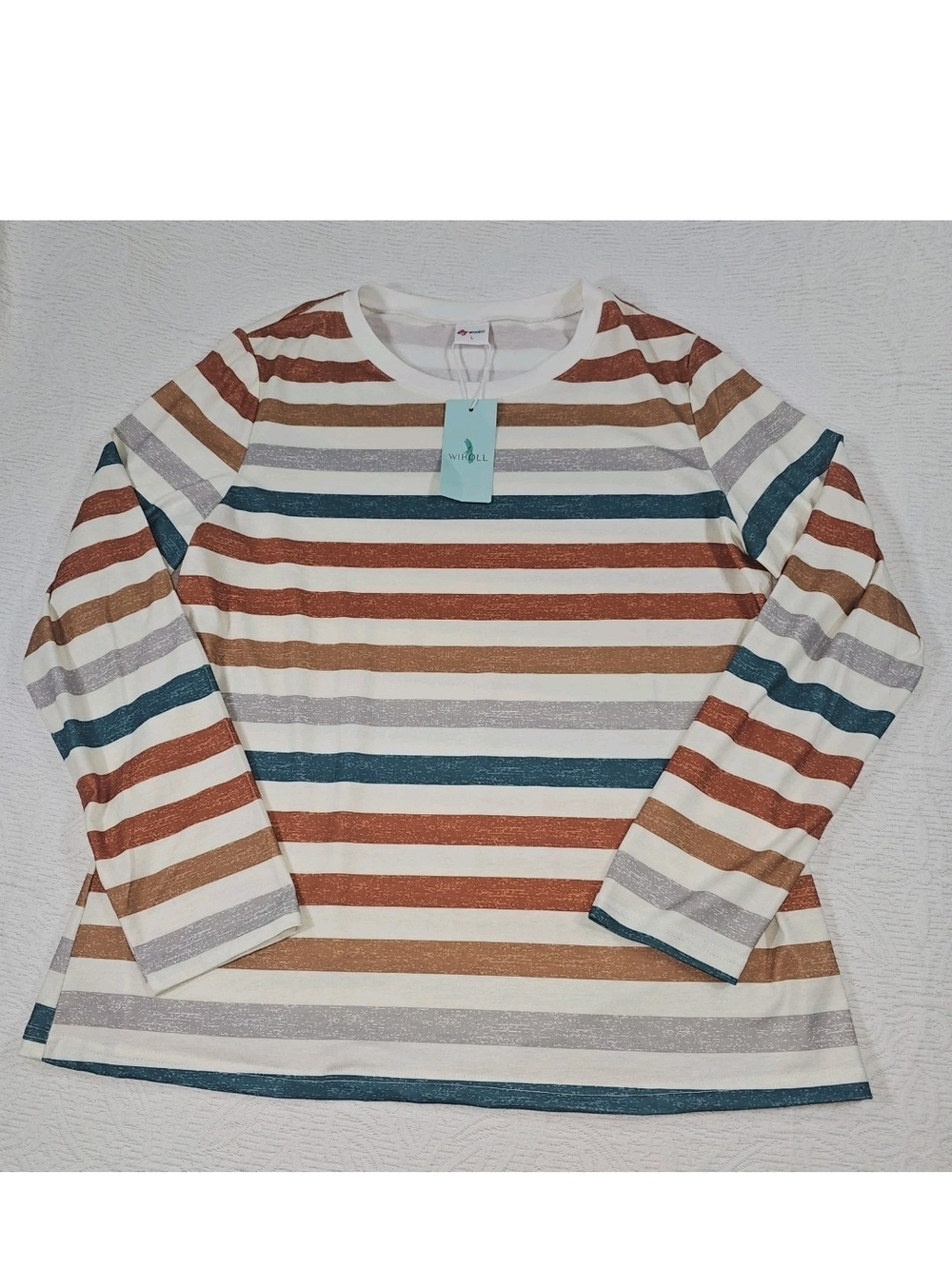 New Women Striped Long Sleeve Shirt L Cream Teal Tan Stretch Crewneck Colorblock